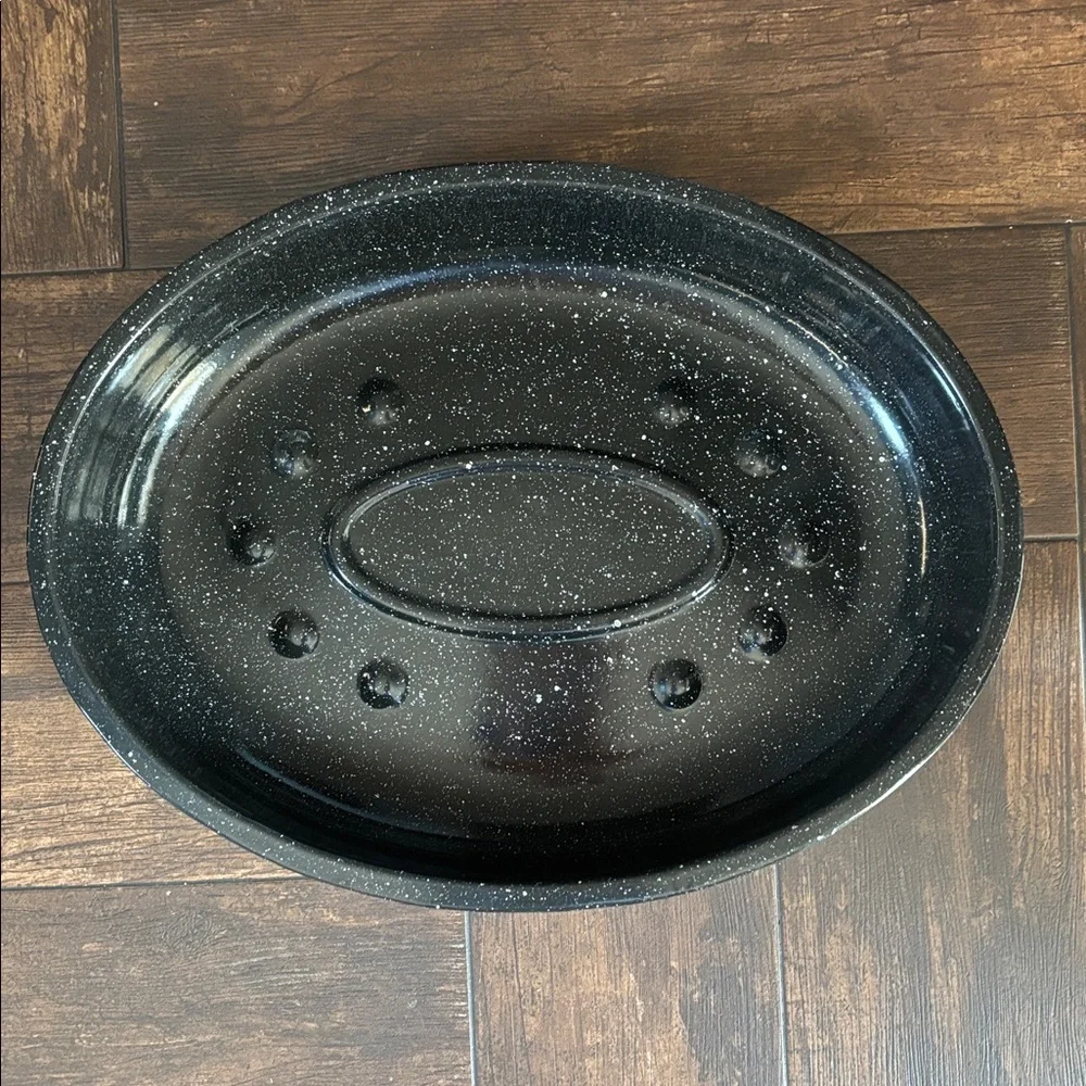 Vintage Black Speckled Enamel Roaster Large